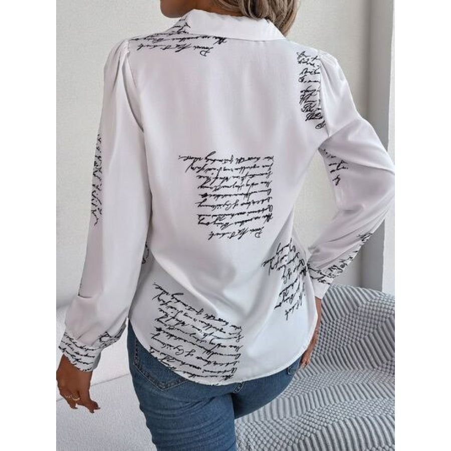 Letter Printed Button Up Long Sleeve Blouse Apparel and Accessories