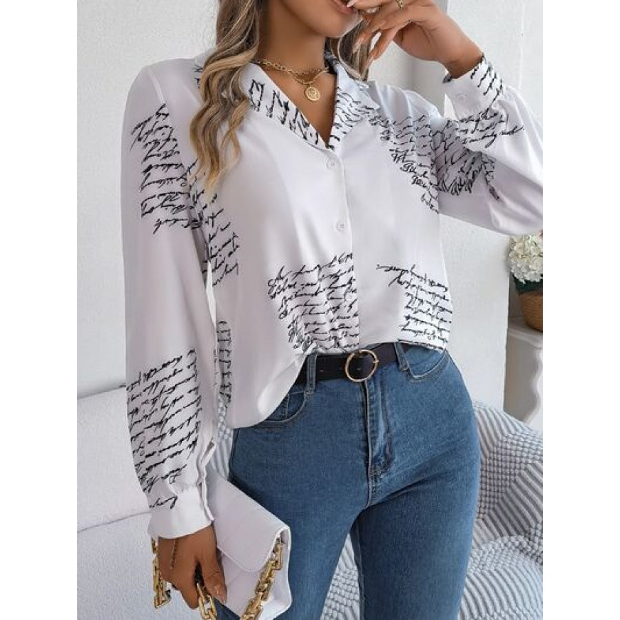 Letter Printed Button Up Long Sleeve Blouse Apparel and Accessories