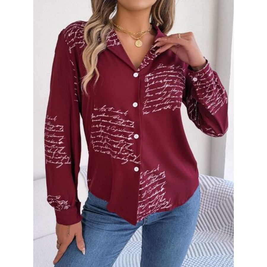 Letter Printed Button Up Long Sleeve Blouse Apparel and Accessories