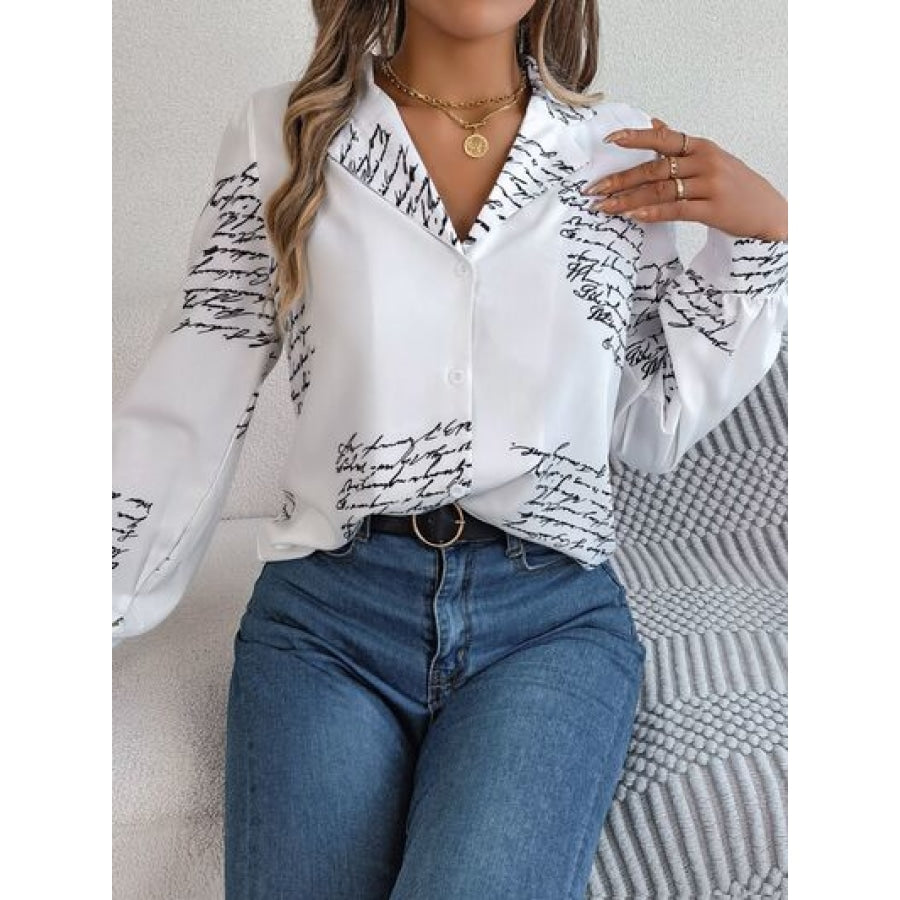 Letter Printed Button Up Long Sleeve Blouse Apparel and Accessories