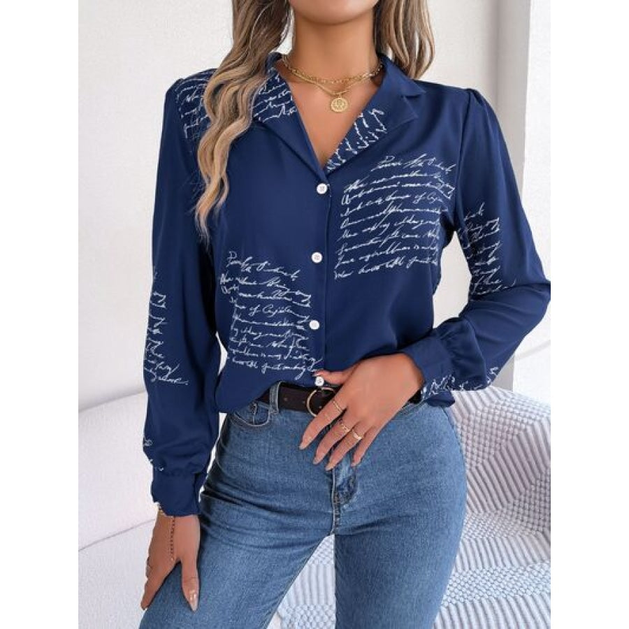 Letter Printed Button Up Long Sleeve Blouse Apparel and Accessories