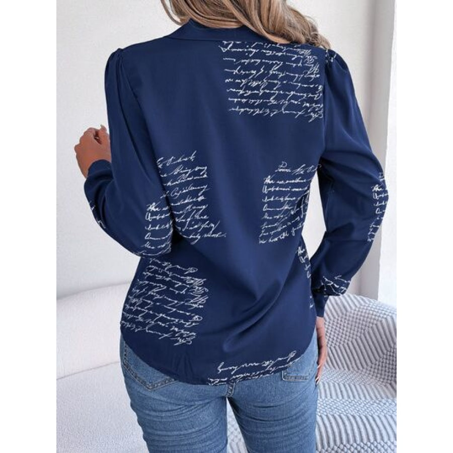 Letter Printed Button Up Long Sleeve Blouse Apparel and Accessories