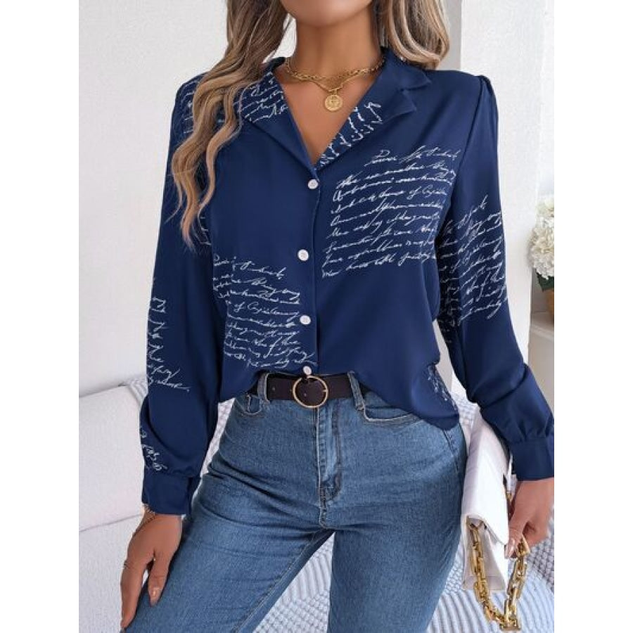 Letter Printed Button Up Long Sleeve Blouse Apparel and Accessories