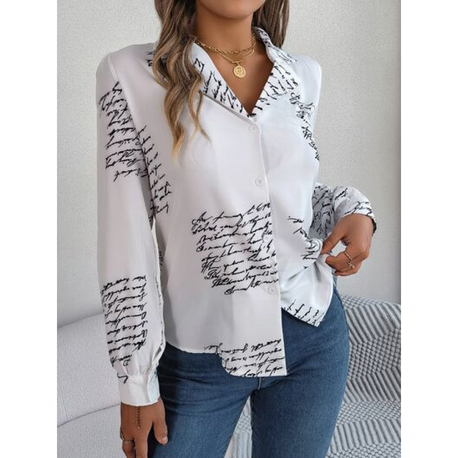 Letter Printed Button Up Long Sleeve Blouse White / S Apparel and Accessories