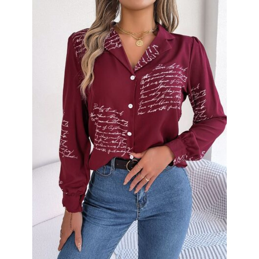 Letter Printed Button Up Long Sleeve Blouse Wine / S Apparel and Accessories