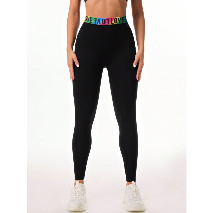 Letter Printed High Waist Active Leggings Black / S Apparel and Accessories