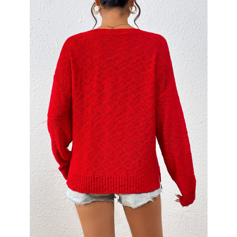 Letter Round Neck Long Sleeve Sweater Deep Red / S Apparel and Accessories