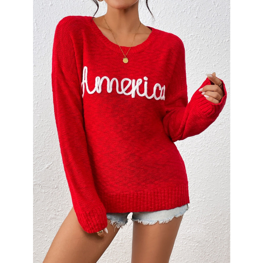 Letter Round Neck Long Sleeve Sweater Apparel and Accessories