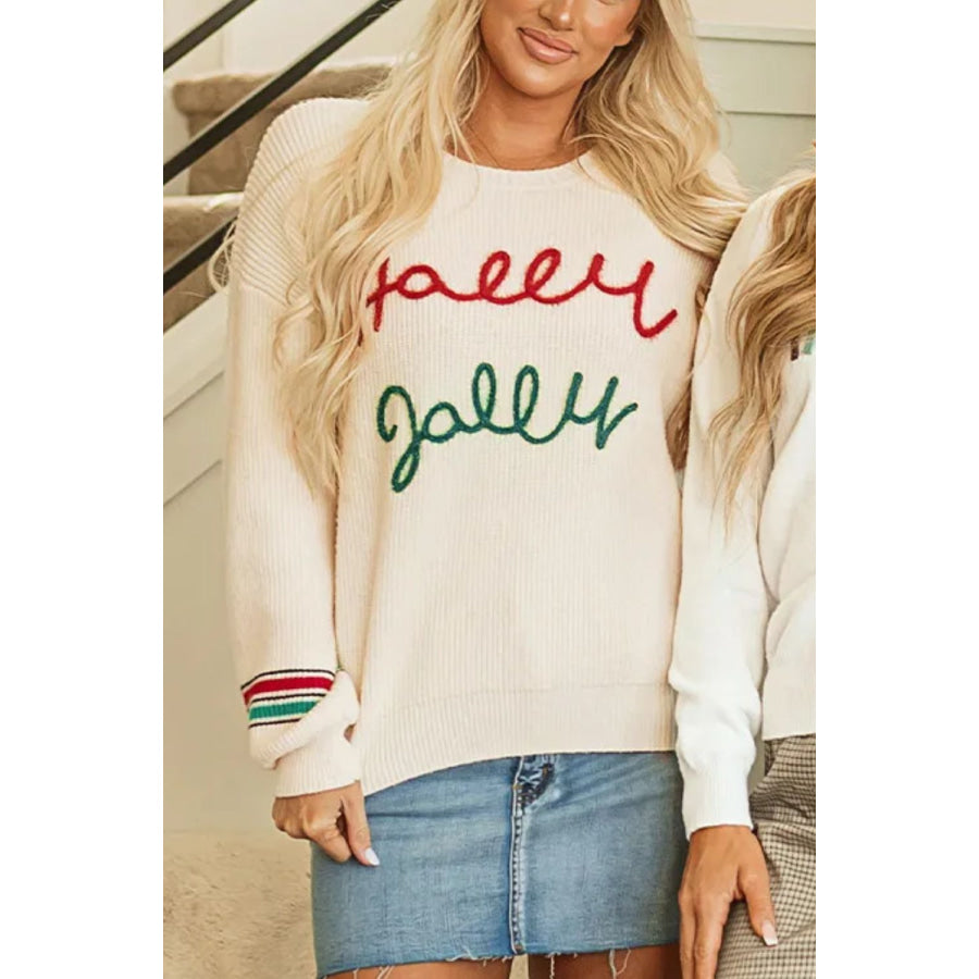 Letter Round Neck Long Sleeve Sweater Ivory / S Apparel and Accessories