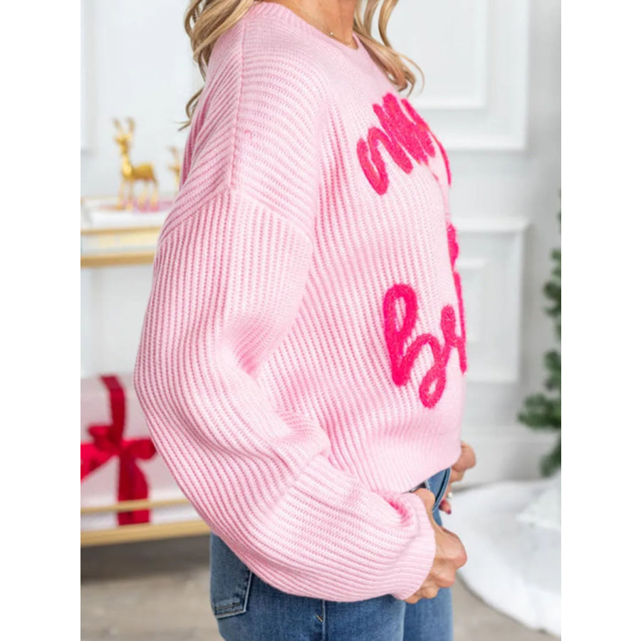 Letter Round Neck Long Sleeve Sweater Blush Pink / S Apparel and Accessories