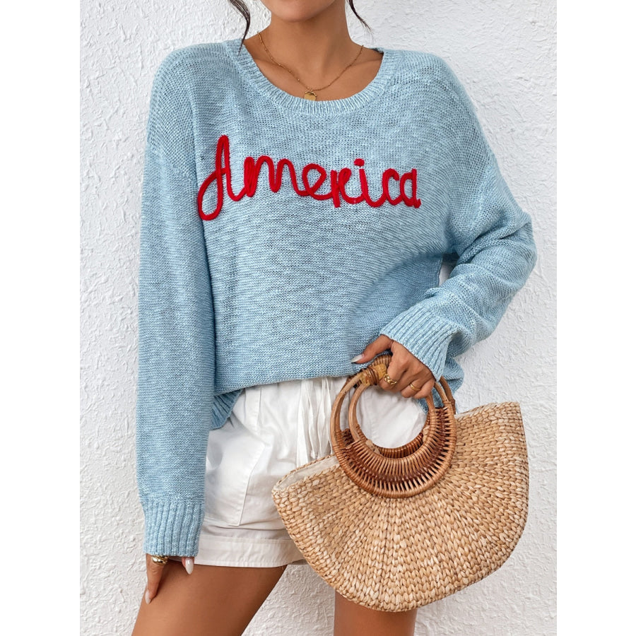 Letter Round Neck Long Sleeve Sweater Apparel and Accessories