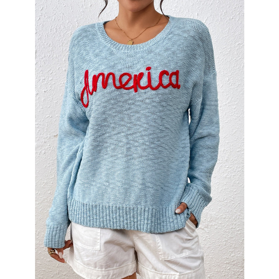 Letter Round Neck Long Sleeve Sweater Apparel and Accessories