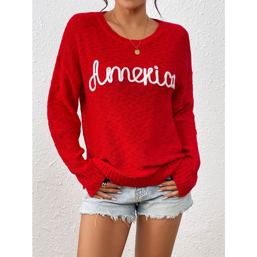 Letter Round Neck Long Sleeve Sweater Deep Red / S Apparel and Accessories