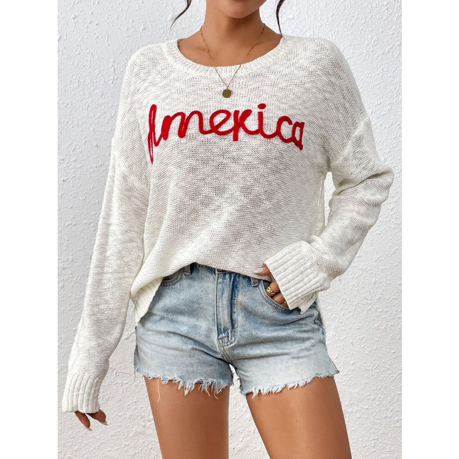 Letter Round Neck Long Sleeve Sweater Ivory / S Apparel and Accessories