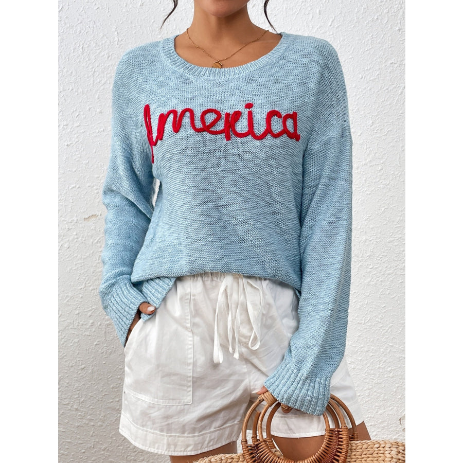 Letter Round Neck Long Sleeve Sweater Pastel Blue / S Apparel and Accessories