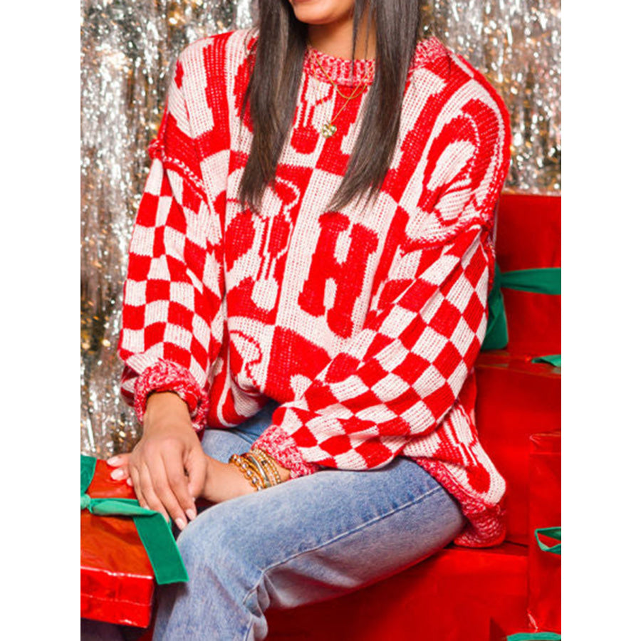 Letter Round Neck Long Sleeve Sweater Red / S Apparel and Accessories