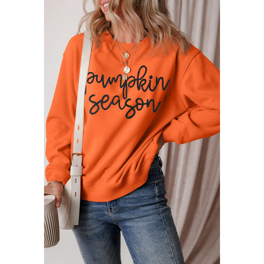 Letter Round Neck Long Sleeve Sweatshirt Orange / S Apparel and Accessories