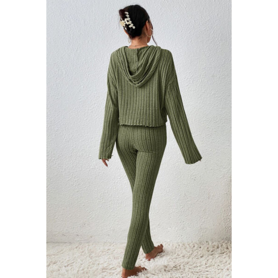 Lettuce Hem Dropped Shoulder Hooded Top and Pants Set Army Green / S Apparel Accessories