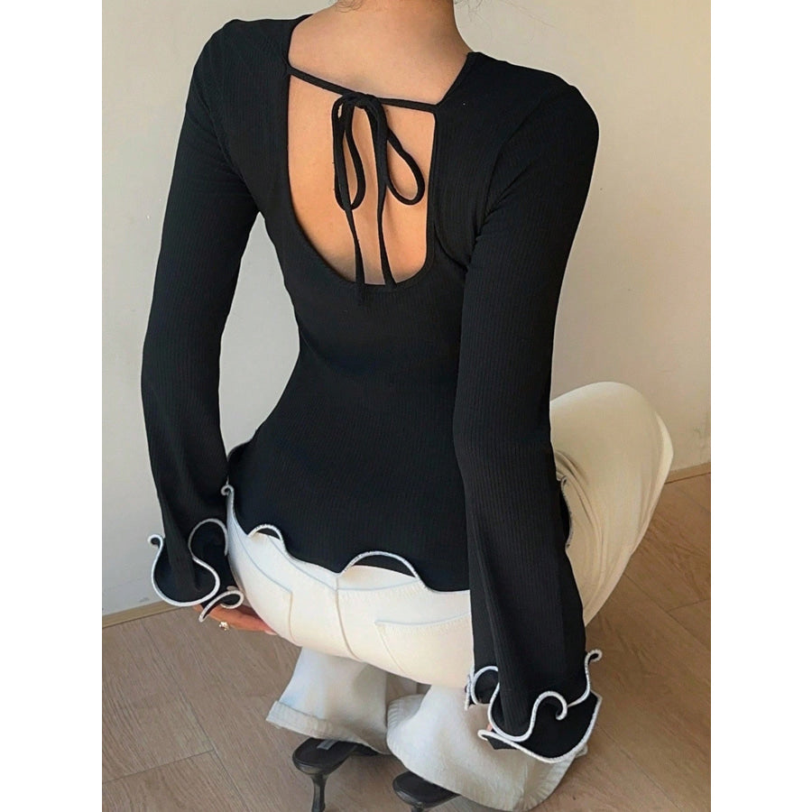 Lettuce Hem Tie Back Long Sleeve T-Shirt Apparel and Accessories