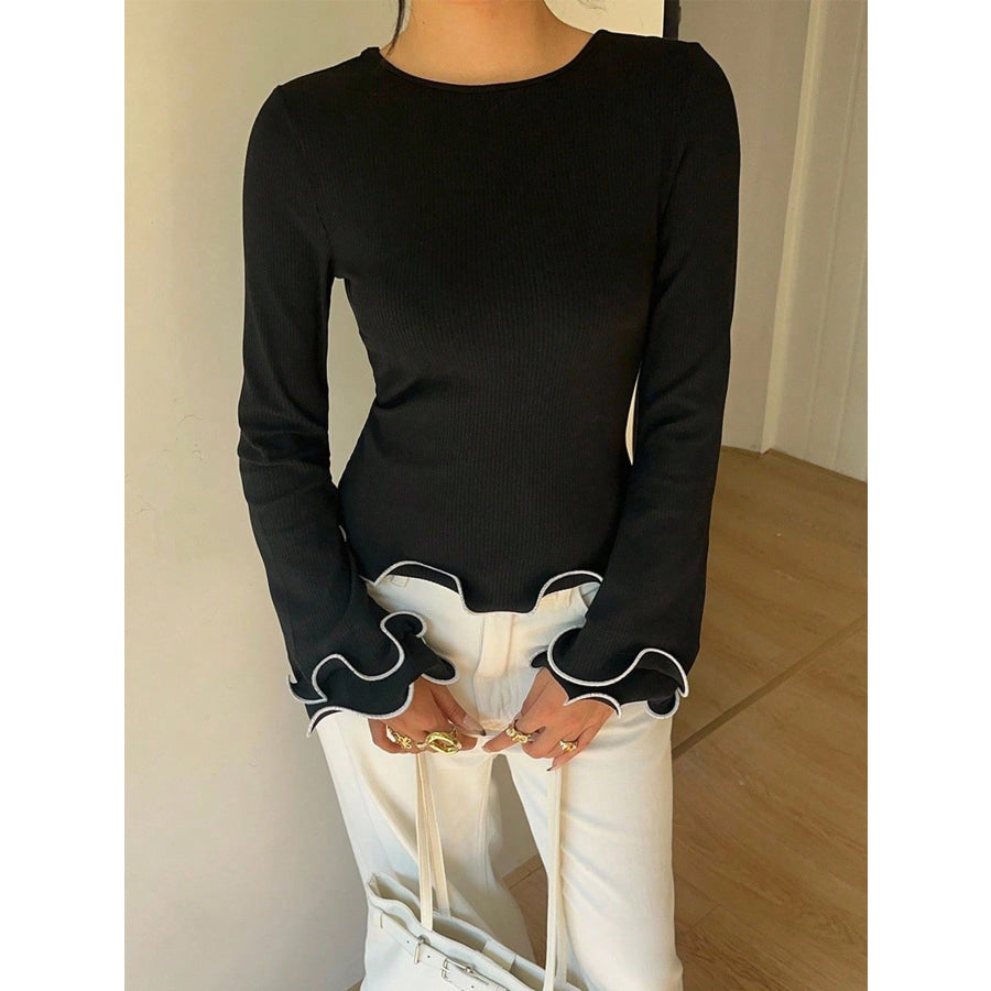 Lettuce Hem Tie Back Long Sleeve T-Shirt Black / S Apparel and Accessories