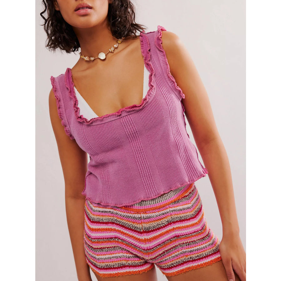 Lettuce Trim Square Neck Tank Rose Red / S Apparel and Accessories