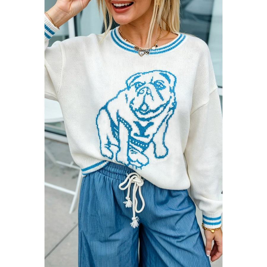 Light Blue Bulldog Contrast Trim Round Neck Casual Sweater / S Sweaters & Cardigans/Sweaters