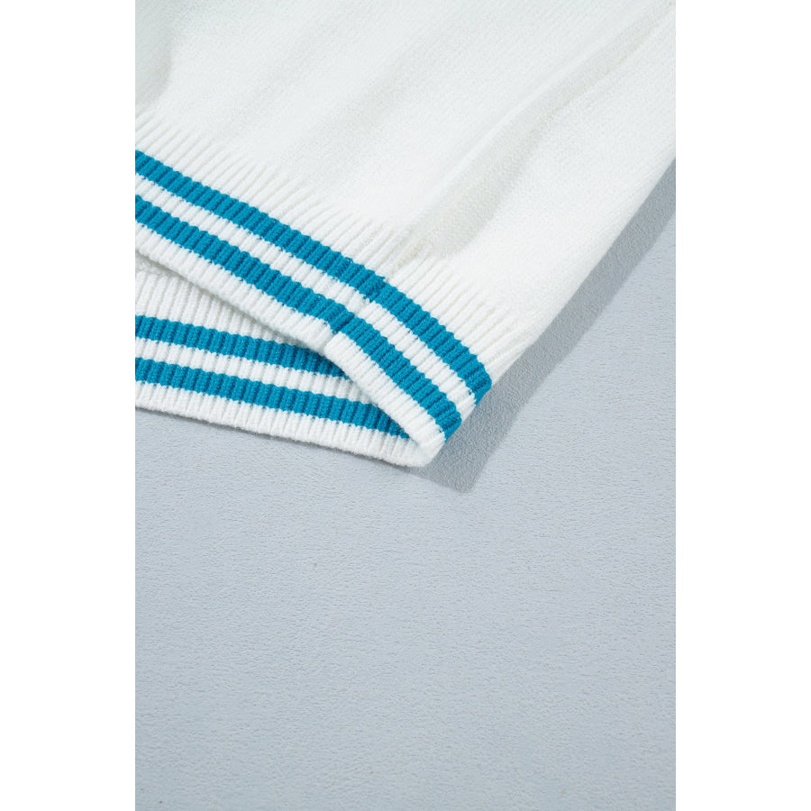 Light Blue Bulldog Contrast Trim Round Neck Casual Sweater Sweaters & Cardigans/Sweaters