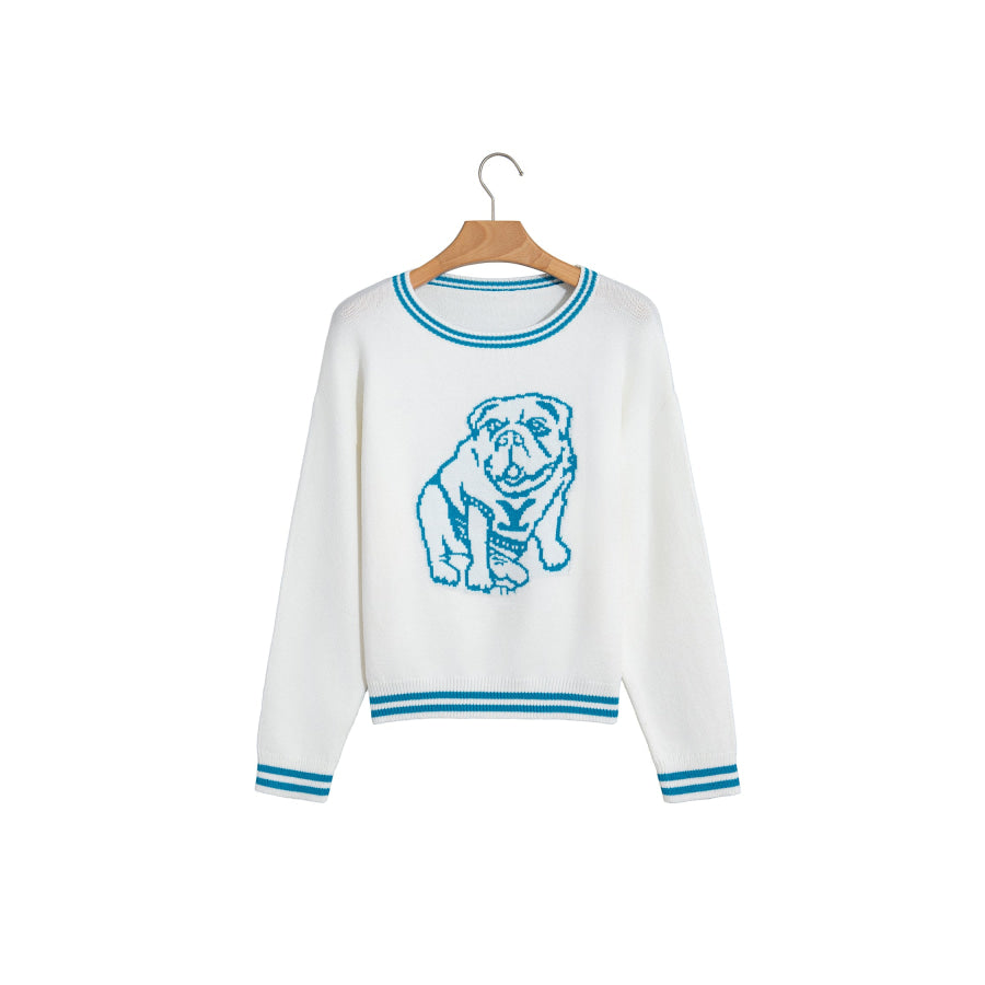 Light Blue Bulldog Contrast Trim Round Neck Casual Sweater Sweaters & Cardigans/Sweaters