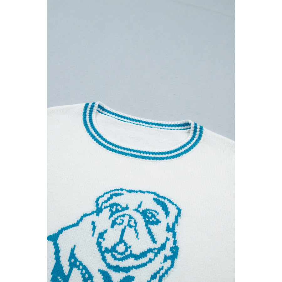 Light Blue Bulldog Contrast Trim Round Neck Casual Sweater Sweaters & Cardigans/Sweaters