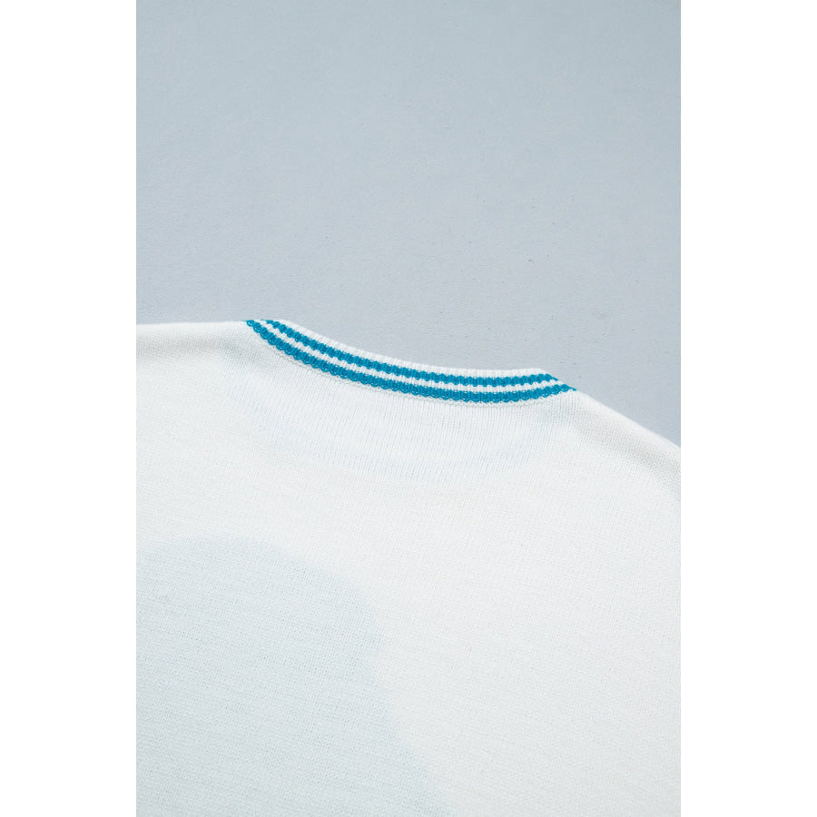 Light Blue Bulldog Contrast Trim Round Neck Casual Sweater Sweaters & Cardigans/Sweaters
