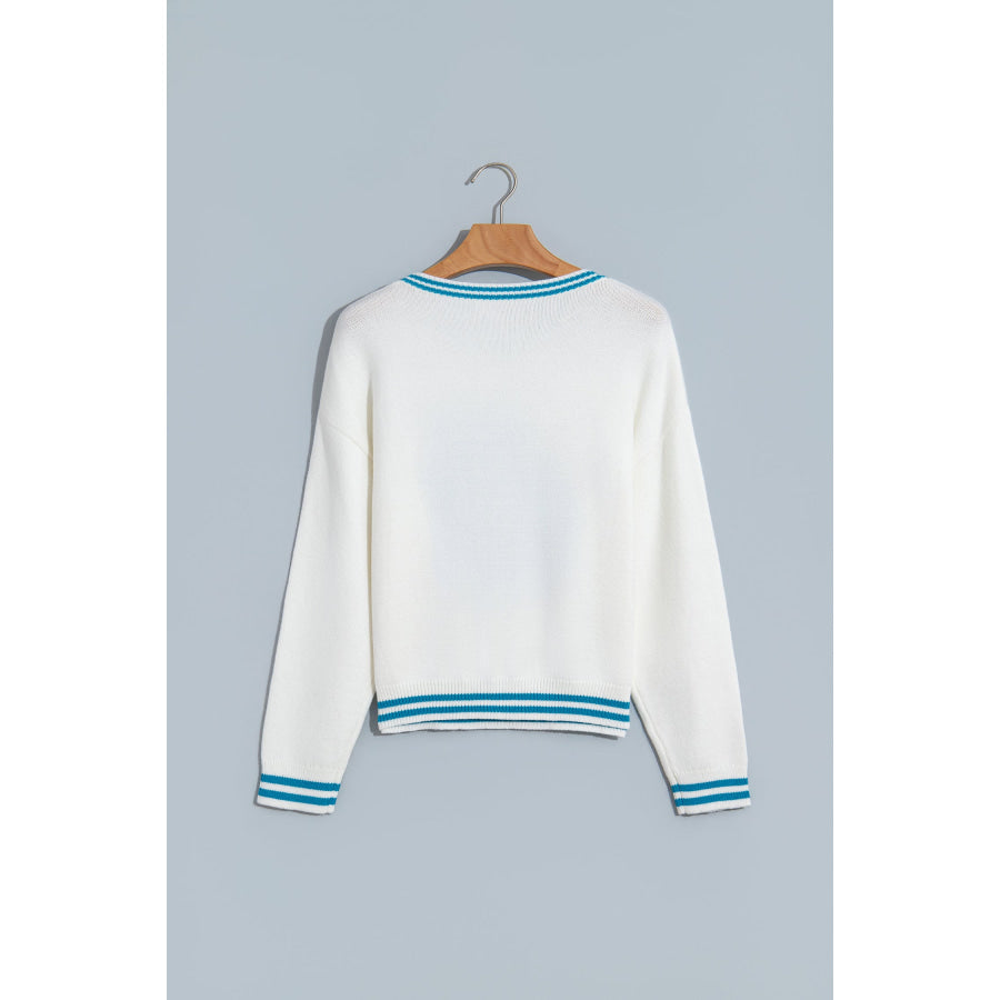 Light Blue Bulldog Contrast Trim Round Neck Casual Sweater Sweaters & Cardigans/Sweaters