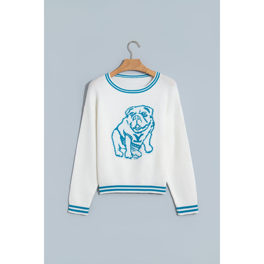 Light Blue Bulldog Contrast Trim Round Neck Casual Sweater Sweaters & Cardigans/Sweaters