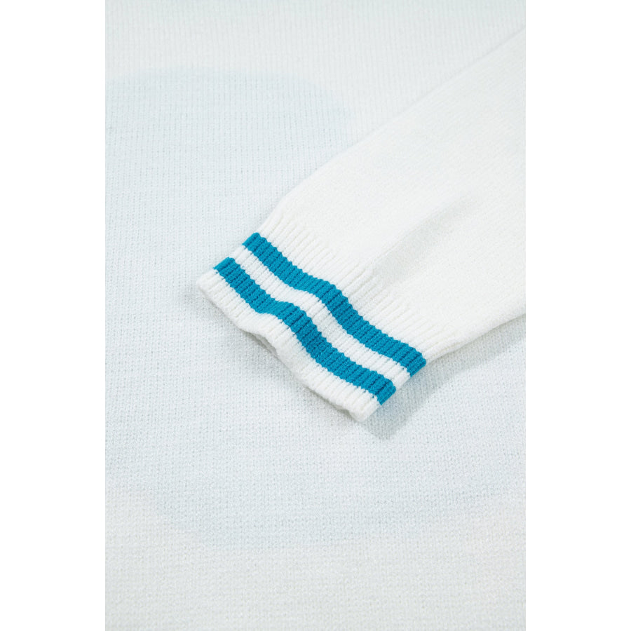 Light Blue Bulldog Contrast Trim Round Neck Casual Sweater Sweaters & Cardigans/Sweaters