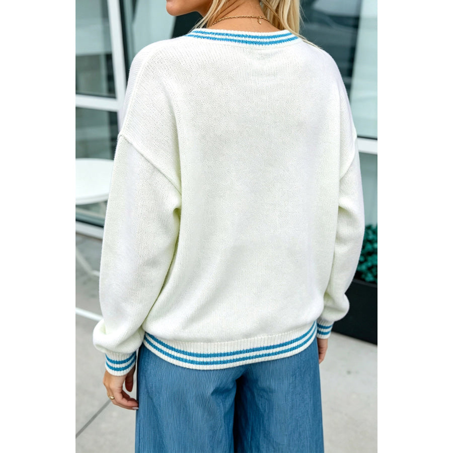 Light Blue Bulldog Contrast Trim Round Neck Casual Sweater Sweaters & Cardigans/Sweaters