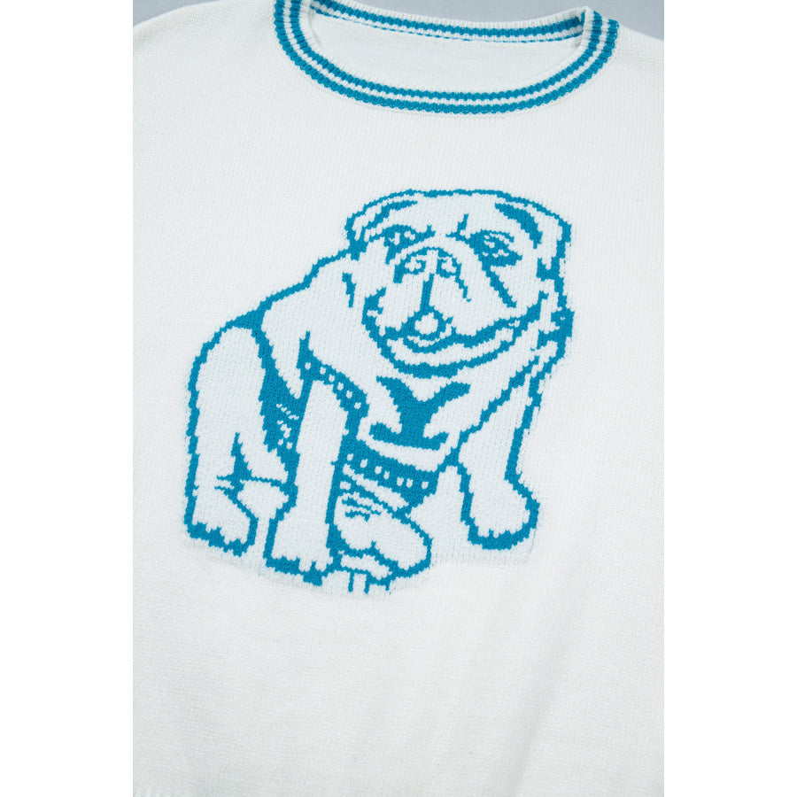 Light Blue Bulldog Contrast Trim Round Neck Casual Sweater Sweaters & Cardigans/Sweaters