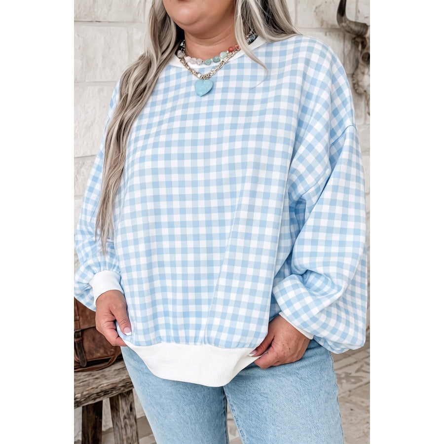 Light Blue Casual Plus Size Plaid Sweatshirt Light Blue / 1X Plus Size/Plus Size Sweatshirts & Hoodies