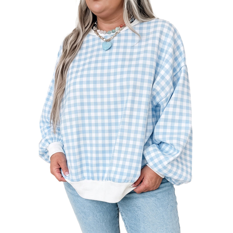 Light Blue Casual Plus Size Plaid Sweatshirt Light Blue / 1X Plus Size/Plus Size Sweatshirts & Hoodies