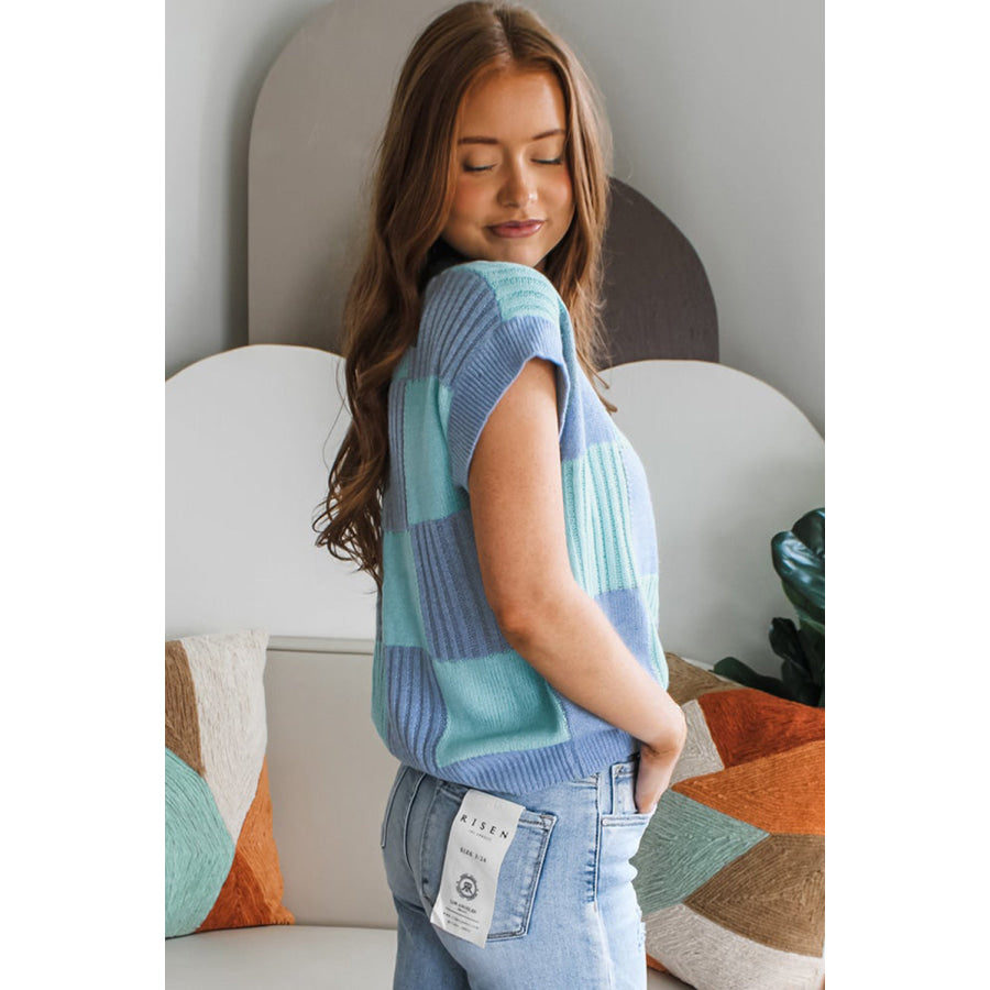 Light Blue Checkered Color Block Crew Neck Short Sleeve Sweater Light Blue / S / 100% Acrylic Sweaters & Cardigans/Short Sleeve Sweaters
