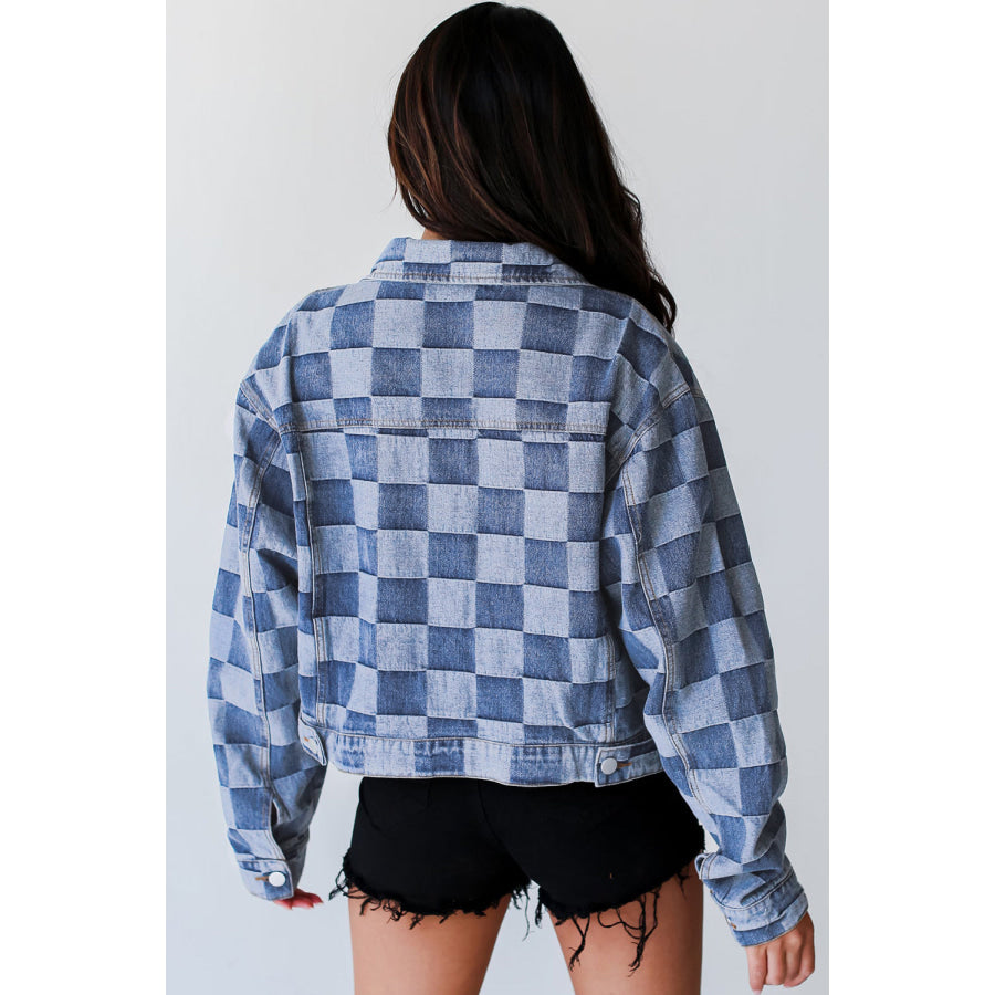 Light Blue Checkered Patchwork Button up Denim Jacket Light Blue / S / 56% Cotton + 44% Polyester Outerwear/Denim jackets