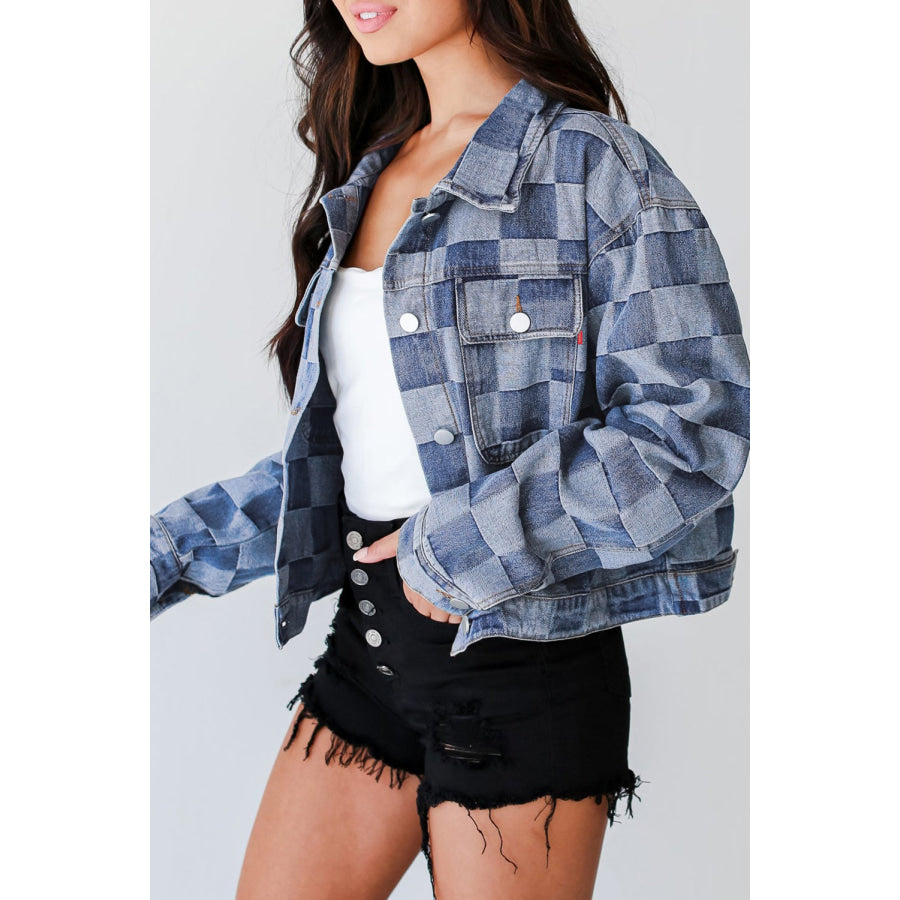 Light Blue Checkered Patchwork Button up Denim Jacket Outerwear/Denim jackets