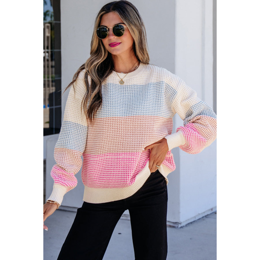 Light Blue Drop Shoulder Round Neck Long Sleeve Pullover Sweater Light Blue / S / 100% Polyester Sweaters & Cardigans/Sweaters