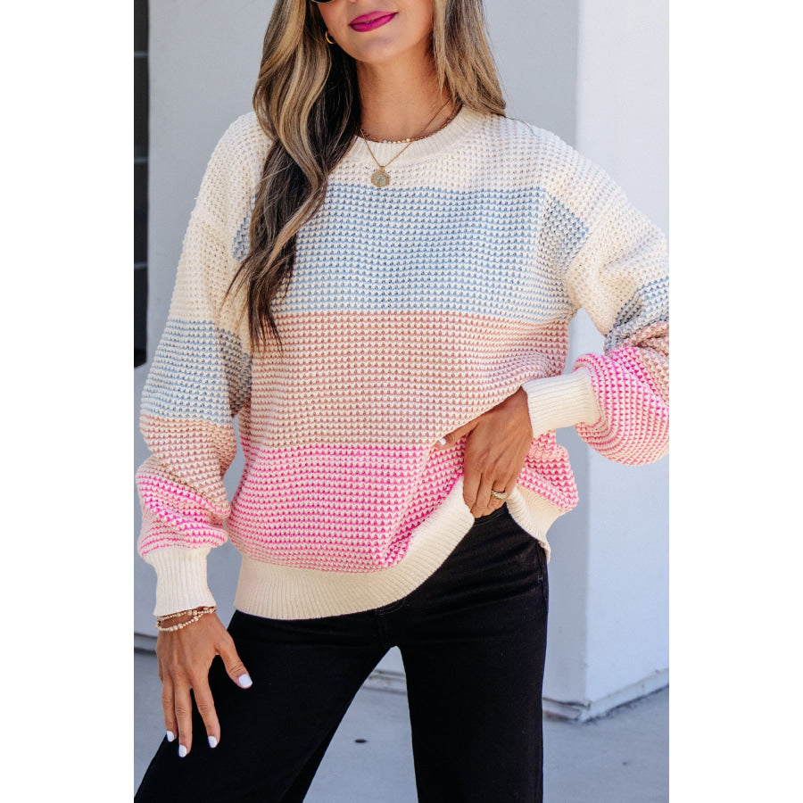 Light Blue Drop Shoulder Round Neck Long Sleeve Pullover Sweater Sweaters & Cardigans/Sweaters