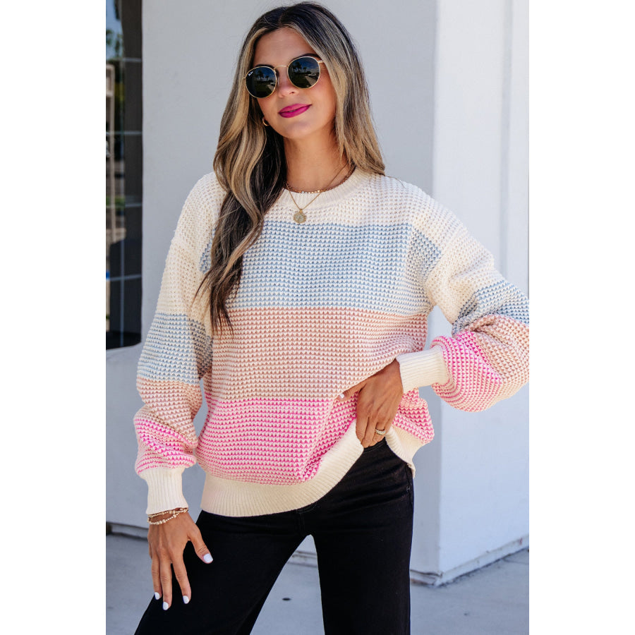 Light Blue Drop Shoulder Round Neck Long Sleeve Pullover Sweater Sweaters & Cardigans/Sweaters