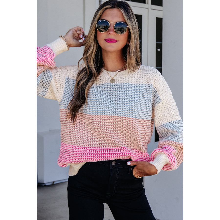 Light Blue Drop Shoulder Round Neck Long Sleeve Pullover Sweater Sweaters & Cardigans/Sweaters