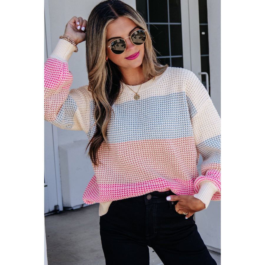 Light Blue Drop Shoulder Round Neck Long Sleeve Pullover Sweater Sweaters & Cardigans/Sweaters