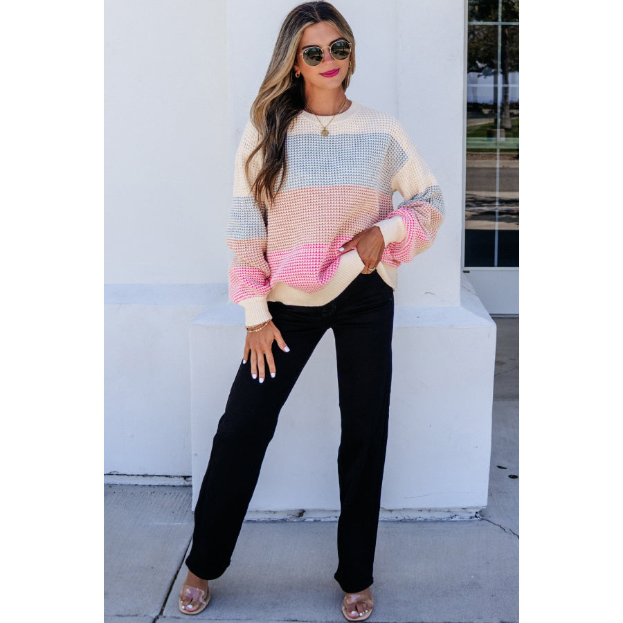 Light Blue Drop Shoulder Round Neck Long Sleeve Pullover Sweater Sweaters & Cardigans/Sweaters