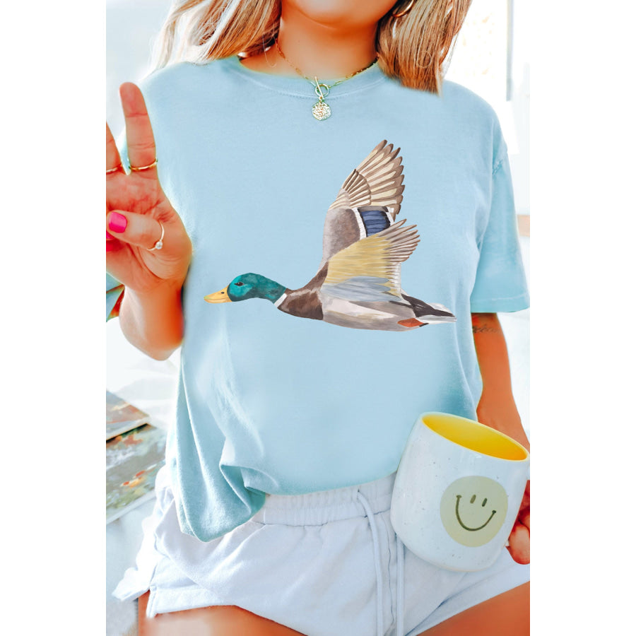 Light Blue Flying Mallard Print Western Graphic Tee Light Blue / S / 62% Polyester + 32% Cotton + 6% Elastane Graphic/Graphic Tees