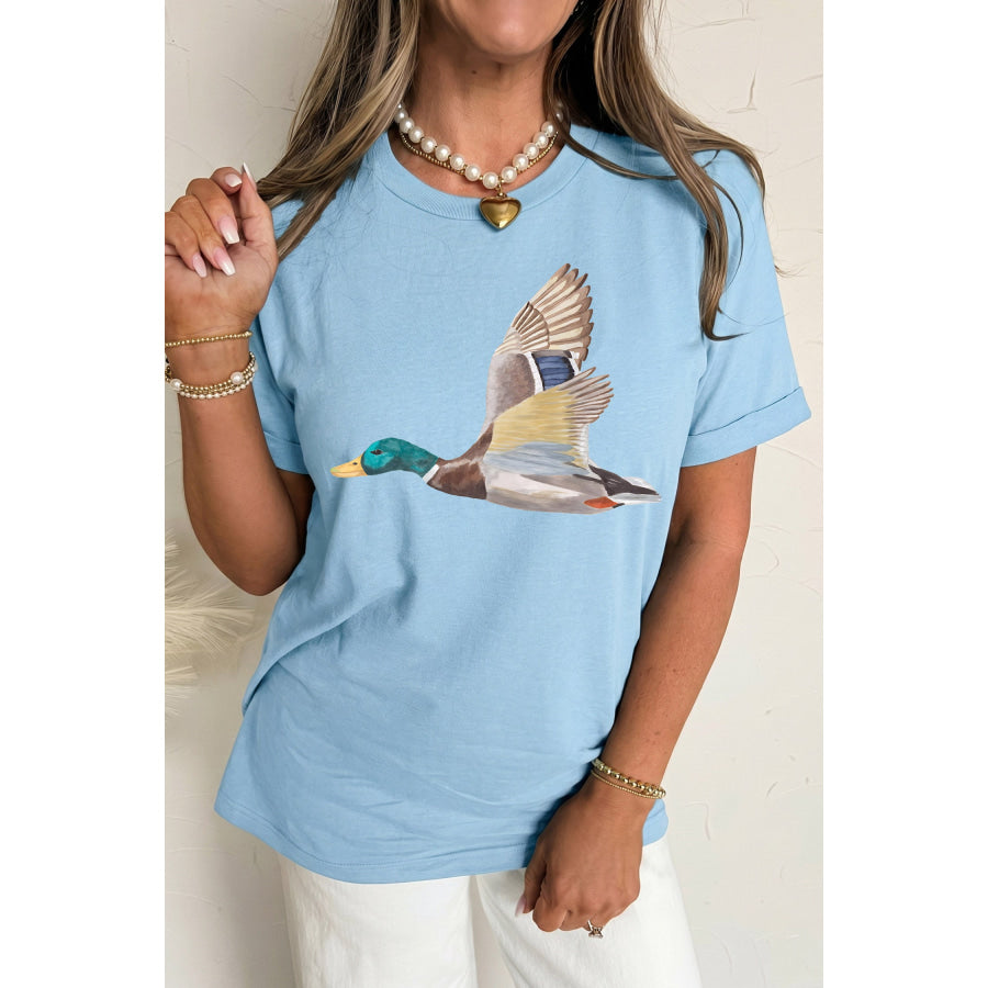 Light Blue Flying Mallard Print Western Graphic Tee Graphic/Graphic Tees