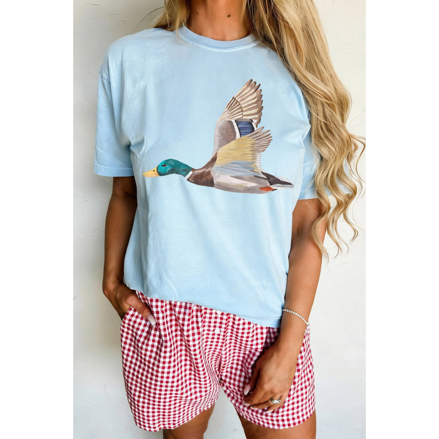 Light Blue Flying Mallard Print Western Graphic Tee Light Blue / S / 62% Polyester + 32% Cotton + 6% Elastane Graphic/Graphic Tees