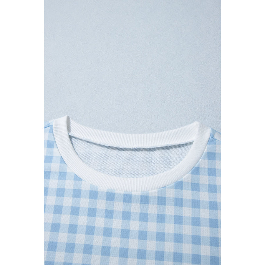 Light Blue Plaid Round Neck Long Sleeve Sweatshirt Tops/Sweatshirts & Hoodies